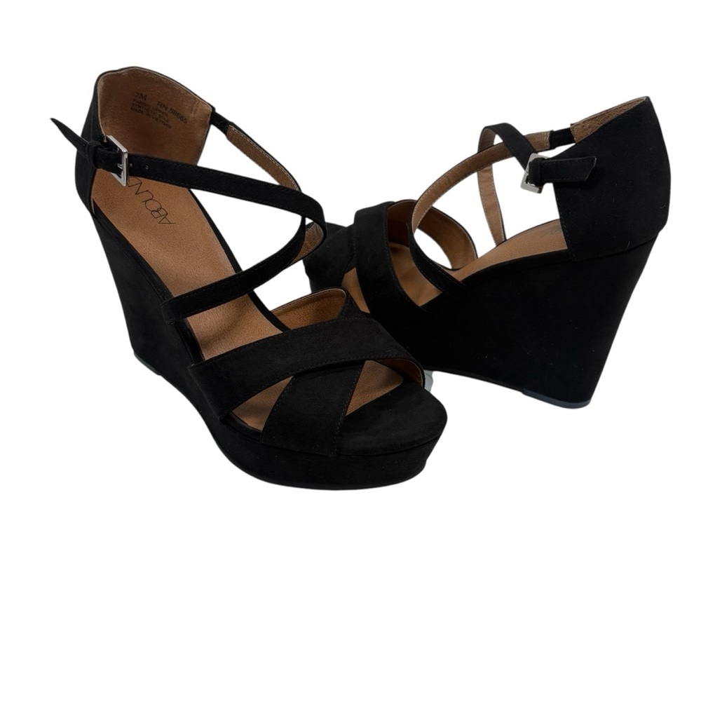 Abound 7m Bria Fab Black Faux Suede Strappy Open Peep Toe Wedges Shoes New Box